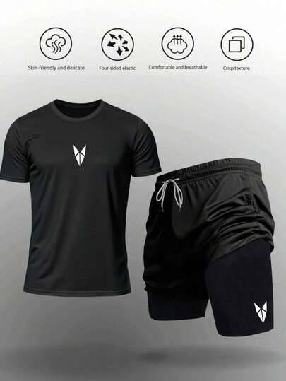 Manfinity Sport Corelite مجموعة رياضية للرجال تتكون من 2 قطعة: تي شيرت بأكمام قصيرة وياقة دائرية مطبوع بطباعة هندسية، وشورت. تصميم مريح وقابل للتنفس بتصميم بسيط وفضفاض مناسب للتمرين والتدريب في الجيم