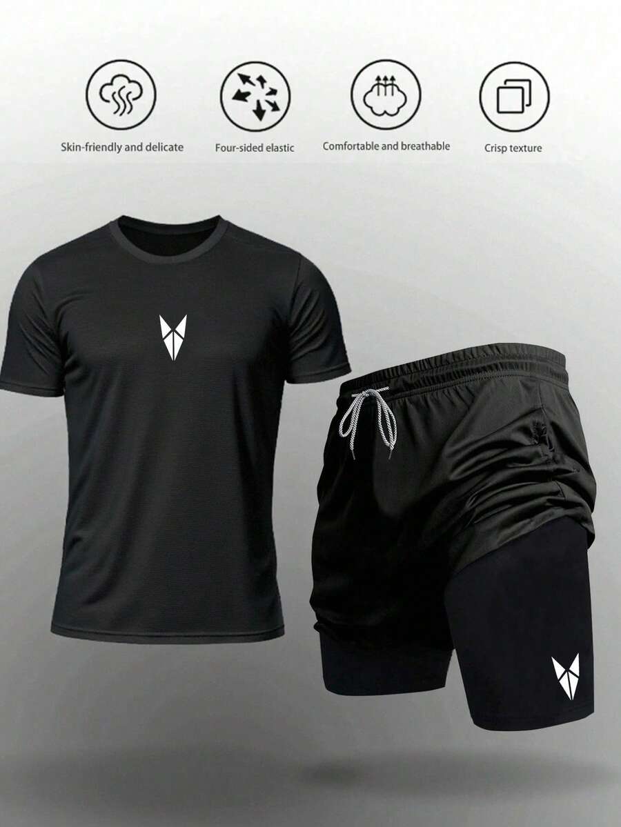 Gym Rark 男士几何印花圆领短袖T恤和短裤两件套运动套装,舒适透气,简约设计,宽松版型,适合健身训练,轻便透气,压缩衣。 - 黑色 - 查看 1