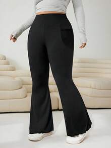 SHEIN CURVE+ 大码女装秋冬返校休闲家居服瑜伽舒适户外纯黑色针织弹力腰高腰口袋喇叭裤，带口袋打底裤 - 黑色 - 查看 10