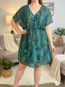 Swim Lushoire Plus Size V-Neck Plant Printed Batwing Sleeve Cover-Up, Suitable For Wearing On Beach Vacation And Swimming Pool,Summer Beach - Multicolor - View 1