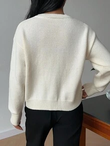 SHEIN Frenchy Women's White Autumn Elegant Graphic Brunch Sweater Cardigan,Contrast Color Rope Embroidered Round Neck Single Breasted Loose French Style Top 2025 - Apricot - View 2