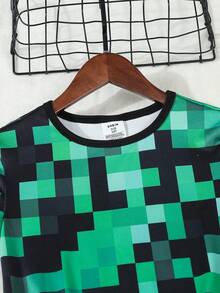 男童柔软舒适贴身睡衣套装，可爱卡通数码格子全身印花，休闲简约短袖和裤子两件套家居服 - 綠色 - 查看 4