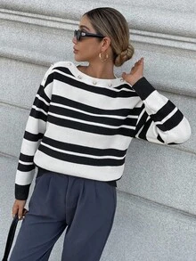 Chiquease Women's Casual Colorblock Striped Button Design Sweater, Autumn/Winter Fall Cloth For Women - Multicolor - View 6