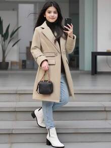 SHEIN 1pc Girls Wool Blend Coat, Elegant Mid-Length Overcoat With 2-Way Wear, Suitable For Autumn/Winter Fall - Apricot - View 1