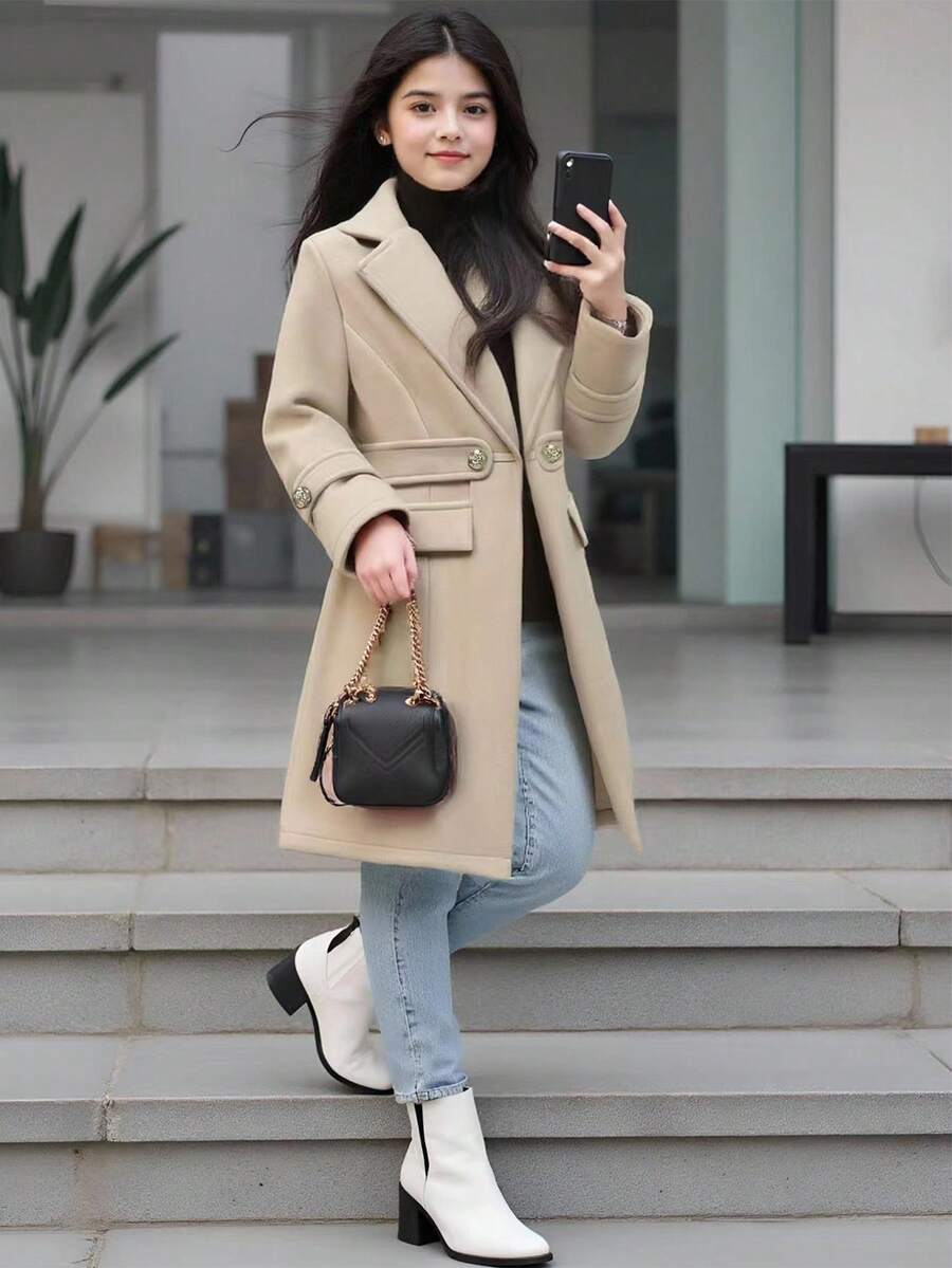 SHEIN 1pc Girls Wool Blend Coat, Elegant Mid-Length Overcoat With 2-Way Wear, Suitable For Autumn/Winter Fall - Apricot - View 1