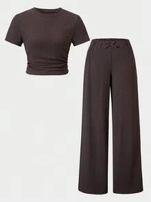 SHEIN Sparklyn 2pcs/Set Teen GirlTextured Fabric Mandarin Collar Short Sleeve T-Shirt + Casual Long Pants - Coffee Brown - View 7