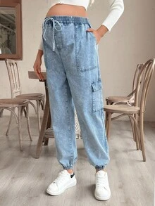 SHEIN 孕妇休闲松紧腰锥形牛仔裤 - 淺色水洗藍 - 查看 5