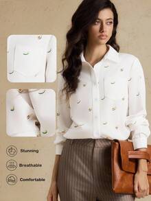 Briarwyn 女士秋季四季服装复古风格休闲通勤牛油果印花长袖衬衫、返校装、办公室装 - 白色 - 查看 9