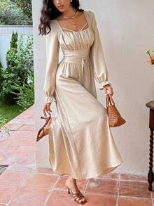 Serisse 女士优雅浪漫方领褶饰连衣裙 - 杏色 - 查看 11