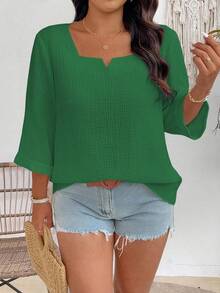 EMERY ROSE Plus Size Women's Solid Color 3/4 Sleeve Loose Casual Shirt - Green - View 4
