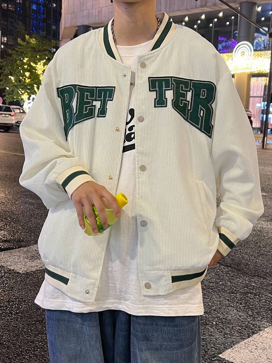Claim Dot 宽松版型男式字母图案条纹落肩灯芯绒运动夹克,秋冬 - 白色 - 查看 1