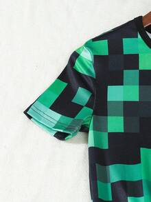 男童柔软舒适贴身睡衣套装，可爱卡通数码格子全身印花，休闲简约短袖和裤子两件套家居服 - 綠色 - 查看 5