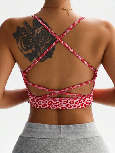 Slay 1pc Leopard Print Criss Cross Racerback Sports BH Yoga, Running Cheetah Spots Rood Tops Women view 2