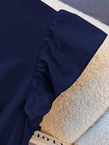 Franclia 优雅法式高端度假通勤百搭圆领盖袖松紧腰珍珠纽扣装饰舒适柔软无弹力杏色女式中长连衣裙，春夏 - 藏蓝色 - 查看 5