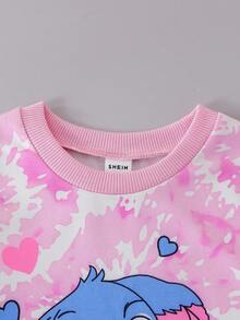 2pcs/Set Young Girl Casual Stylish Cute Cartoon Stitch Letter Graphic Print Sweatshirt And Leggings Set Fall Winter - Pink - View 7