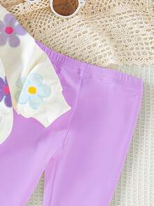 SHEIN Playful Pals 1 套女婴休闲时尚可爱花卉印花圆领运动衫和紧身裤套装，紫色，秋冬 - 彩色 - 查看 5