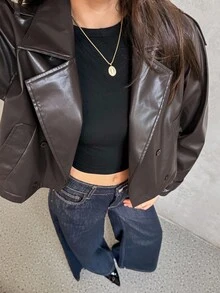 SHEIN Unity 女士新款时尚复古休闲宽松翻领长袖双排扣 PU 皮夹克外套 - 棕色 - 查看 4