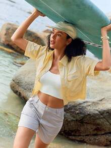 In My Nature Women's Outdoor Casual Sports Utility Button Pocket Short Sleeve Shirt - Yellow - View 1