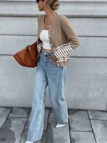 Chiquease Áo khoác cardigan sọc màu đơn giản dành cho nữ khi đi làm - Màu Khaki - Xem 7