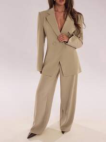 SHEIN BAE 女士休闲翻领长袖夹克和裤子套装，秋季 - 卡其色 - 查看 5