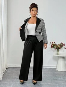 Elenzga Plus Size Elegant Formal Black And White Houndstooth Knit Patchwork Contrast Color Long Sleeve Blazer&Casual Straight Leg Pants 2 Pieces Set,Summer - Black and White - View 9