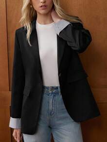 Écloséra 法式休闲百搭简约单扣宽松拼接条纹袖口西装外套，休闲夹克，商务休闲装，秋季/春季