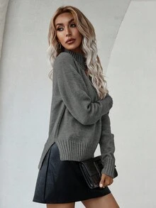 EMERY ROSE Women's Solid Color Stand Collar Raglan Sleeve Casual Pullover Sweater, Autumn - Dark Grey - View 4