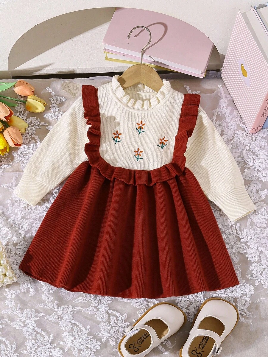 SHEIN 婴儿/女宝宝时尚刺绣荷叶边针织长袖毛衣裙，秋冬