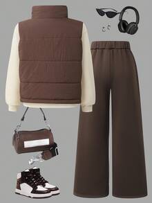 SHEIN Bộ 3 áo nỉ cổ tròn tay dài quá khổ cho bé gái, quần thể thao rộng rãi, bộ đồ mùa thu/đông - Nhiều màu - Xem 2