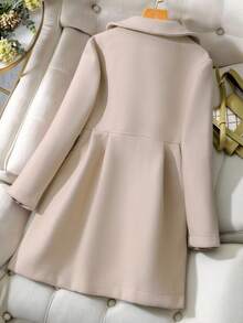 SHEIN Tween Girl' 灰色长款双排扣蝴蝶结装饰大衣，适合度假、夏季和旅行