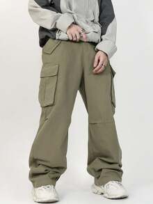 Manfinity Roghcode Pantalones cargo holgados para hombre con bolsillo con solapa y cordón ajustable en la cintura, para otoño - Verde militar - Ver 3