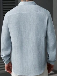 Manfinity CasualCool 男士休闲百搭纯色亚麻长袖衬衫，亚麻浅蓝色休闲长袖衬衫，秋季 - 藍色 - 查看 2