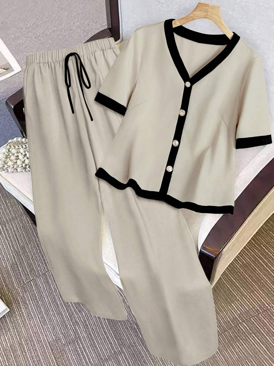 Franclia Plus Size Women's Woven Contrast Color Block V-Neck Short Sleeve Cardigan Shirt & Elastic Waist Straight Leg Pants Set, Elegant & Romantic - Khaki - View 1