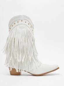 Solezae 优雅西部牛仔中筒白色尖头星星装饰流苏假日趣味时尚女鞋 - 白色 - 查看 2