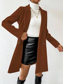 SHEIN PETITE Abrigo largo de mujer con cuello de solapa y doble botonadura, de estilo otoñal - Óxido marrón - Ver 4