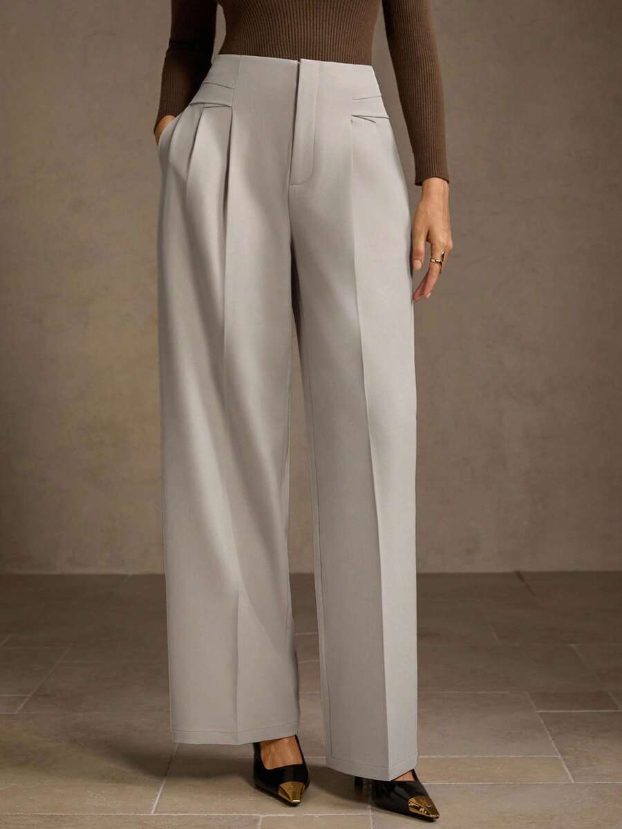 MOTF PREMIUM FOLD PLEATED STRAIGHT LEG SUIT PANTS - Grey - View 1