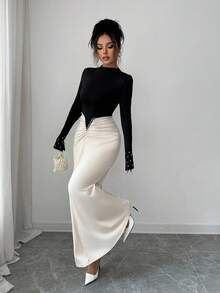 Selianne Elegantes, damenhaftes Maxikleid mit Perlenverzierung und plissierter Taille, raffiniertes und stilvolles einfarbiges Design, geeignet für Geburtstagsfeiern, formelle Anlässe, Dates, Langarm Maxikleid - Schwarz - Übersicht 5