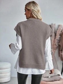 EMERY ROSE 女士纯色圆领宽松休闲针织毛衣背心，秋冬新年衣服 - 淺灰紫 - 查看 2