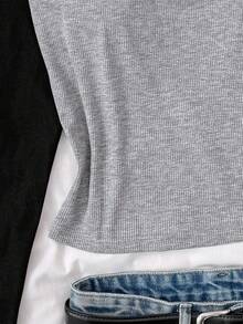 少女撞色针织圆领长袖休闲复古T恤可爱上衣紧身长袖衬衫长袖紧身衬衫上衣可爱黑灰色秋冬 - 灰色 - 查看 4