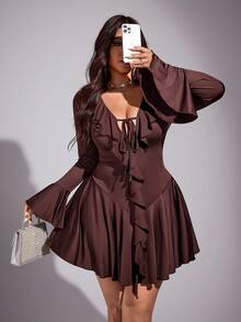 Viva Relle Elegant Waist Cinching Ruffle Hem Tie Front Plus Size Dress