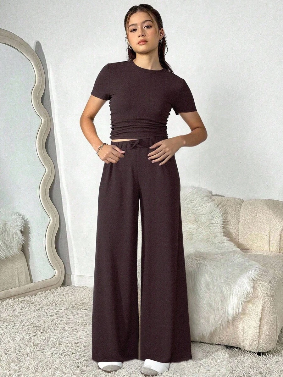 SHEIN Sparklyn 2pcs/Set Teen GirlTextured Fabric Mandarin Collar Short Sleeve T-Shirt + Casual Long Pants - Coffee Brown - View 1