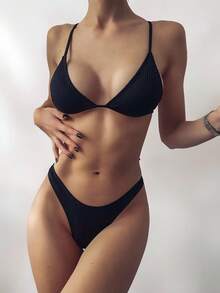 Swim SXY Summer Beach Solid High Cut Bikini - Black - View 3