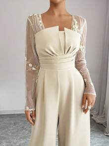 Elenzga 女式花卉刺绣网眼拼布长袖褶皱腰阔腿优雅连体裤 - 杏色 - 查看 4