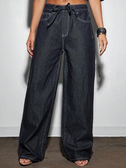 Denimoi 女式纯色简约抽绳腰直筒牛仔裤，日常穿着