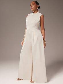 Hauture 超宽腿拉链无袖加大码连体裤 - 杏色 - 查看 3