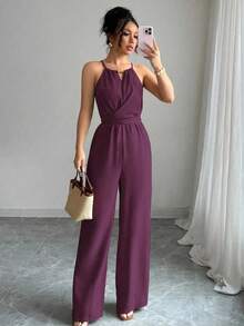 Elenzga 女式休闲卡其色褶皱面料吊带串珠腰带设计连体裤，春夏 - 紫色 - 查看 6