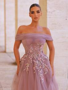 Glamrae Váy maxi trễ vai thêu ren và lưới bồng bềnh sang trọng thanh lịch, thích hợp cho đám cưới, tiệc tùng, kỳ nghỉ, vũ hội, sự kiện trang trọng (trang trí đậm) - Màu tím - Xem 2