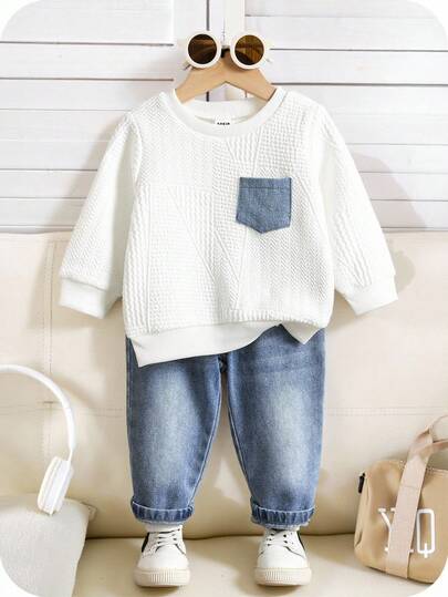 SHEIN 2pcs/Set Baby Boy/Girl Casual White Sweatshirt And Blue Denim Long Pants Tracksuit, Unisex Baby Clothes For Autumn/Winter Baby Boy Jeans Outfit Baby Boy Clothes Long Sleeve Baby Boy Casual Set Fall