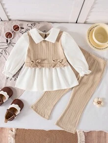 2 件套女婴秋季新款服装，翻领长袖针织拼接二合一衬衫和喇叭针织裤，时尚休闲可爱百搭套装 - 卡其色 - 查看 1