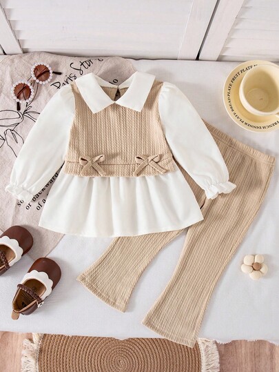 2 件套女婴秋季新款服装，翻领长袖针织拼接二合一衬衫和喇叭针织裤，时尚休闲可爱百搭套装